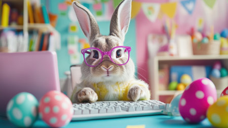 A cute bunny wearing glasses is typing on a desk surrounded by colorful Easter eggs. This whimsical scene captures the joy of spring and creativity in a playful home office setup.の素材