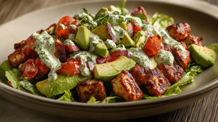 A beautifully arranged grilled chicken salad featuring fresh avocado, ripe tomatoes, and creamy dressing, perfect for a health-conscious meal.の素材