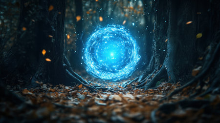 A mesmerizing portal of blue light appears in an enchanted forest, surrounded by ancient trees and falling leaves, creating a magical and serene atmosphere.の素材