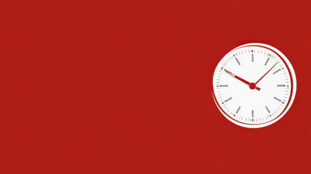 This image features a sleek white wall clock on a bold red background, capturing minimalistic design aesthetics. Perfect for decor or time management themes.の素材