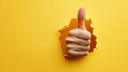 A hand with a thumb raised in approval emerges from a tear in yellow paper. This vibrant image conveys positivity, support, and creativity, ideal for various uses.の素材