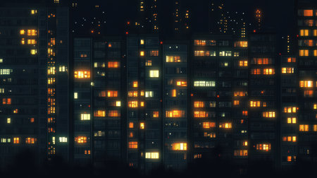 A mesmerizing urban nightscape showcasing buildings aglow with illuminated windows. This urban scene captures the unique ambiance of city life after dark.の素材
