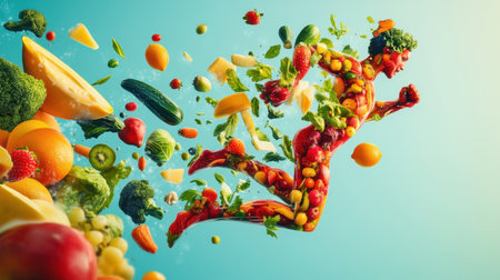 A dynamic figure appears to run energetically, surrounded by a vibrant array of fresh fruits and vegetables, symbolizing health, vitality, and a balanced lifestyle.の素材