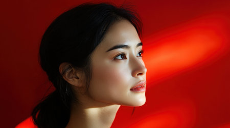 This captivating portrait features a woman with natural beauty, highlighting her serene expression against a striking red background. The interplay of light and shadow adds dimension to the image, creating a visually appealing composition.の素材
