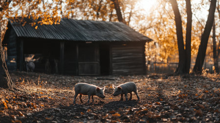 Two playful piglets interact in a serene autumn setting, surrounded by vibrant foliage and a rustic shed, capturing the essence of rural life.の素材