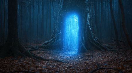 A captivating scene featuring an ethereal blue portal nestled in a dark forest. This enchanting landscape invites exploration and evokes a sense of mystery and magic.の素材