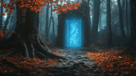 A captivating entrance to a mystical realm, featuring a glowing blue door surrounded by vibrant autumn leaves and towering trees in a serene forest setting.の素材
