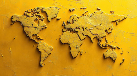 This unique textured world map in vibrant yellow showcases detailed outlines of continents, ideal for decor, travel themes, and educational visuals.の素材