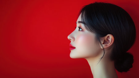 This artful image captures the profile of a woman against a striking red background, highlighting her beauty and elegance. The vibrant colors and serene expression convey a sense of calm and confidence.の素材