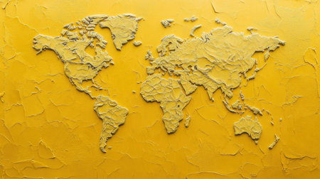 This artistic relief map presents a textured representation of the world on a vibrant yellow background, ideal for decoration and educational purposes.の素材