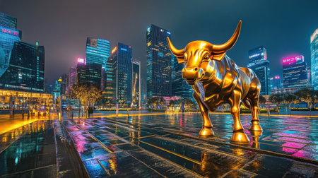A stunning golden bull statue stands prominently against a vibrant urban skyline at night, reflecting the colorful city lights on wet pavement.の素材