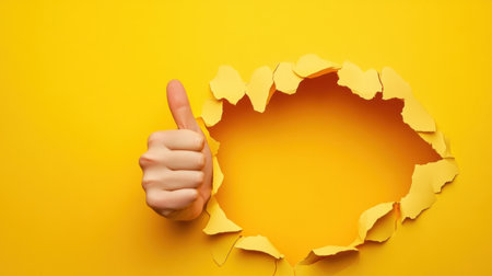 A cheerful hand with a thumbs up gesture bursts through a vibrant yellow wall, symbolizing approval and positivity in a creative visual representation.の素材