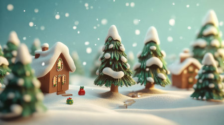 A delightful winter village scene featuring snow covered trees and cozy houses. Perfect for holiday themes, this image evokes warmth and festive cheer.の素材