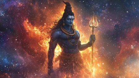 An ethereal depiction of a blue deity standing against a cosmic backdrop filled with fiery colors and swirling galaxies, representing spiritual energy and divine presence.の素材