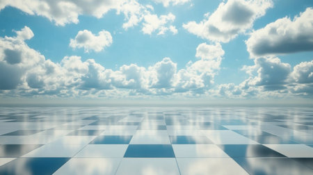 A tranquil and artistic depiction of a checkered surface reflecting a bright sky filled with soft clouds. This serene landscape evokes feelings of peace and calm.の素材
