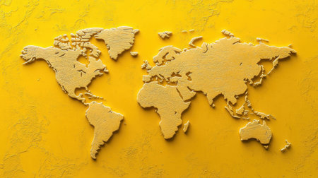 Vivid yellow world map with textured surface, perfect for creative projects related to travel, geography, or design concepts. Ideal for educational use.の素材