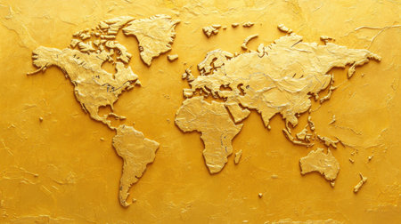 This striking golden world map art piece features a textured design on a vibrant yellow background. Perfect for enhancing any space with elegance and creativity.の素材