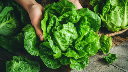 A close-up of fresh green lettuce held in hands, surrounded by more leafy vegetables. Perfect for showcasing healthy eating, gardening, and cuisine.の素材