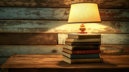 A warm, inviting scene featuring a stack of books topped with a soft lamp, creating a cozy atmosphere perfect for reading or studying at home.の素材