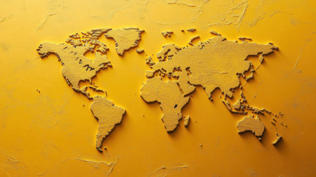 This textured world map on a vibrant yellow background provides a unique artistic representation suitable for various creative projects and designs.の素材