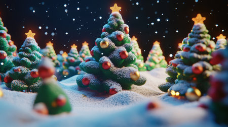 A charming winter scene featuring vibrant Christmas trees adorned with colorful ornaments and a dusting of snow, creating a magical holiday atmosphere.の素材