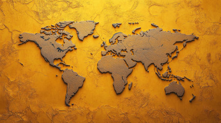 A sleek, 3D-rendered world map placed on a yellow textured surface, perfect for travel, geography, or business themes.の素材