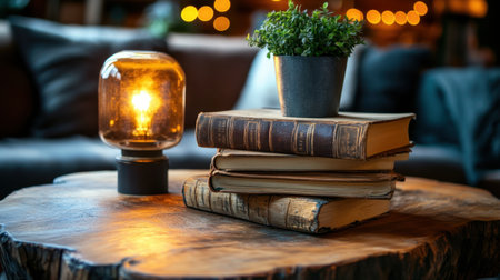 A stack of old books resting on a rustic wooden table, with a modern lamp illuminating the cozy scene.の素材