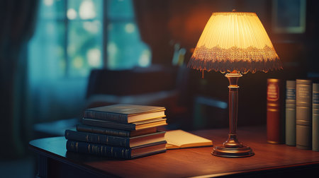 A quiet reading corner featuring books stacked on a wooden table with a warm desk lamp casting soft light.の素材