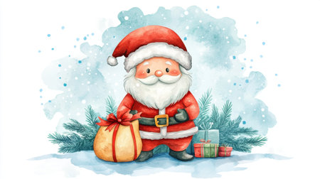 Cartoon chibi Santa with a sack of gifts, watercolor design perfect for festive cheer.の素材