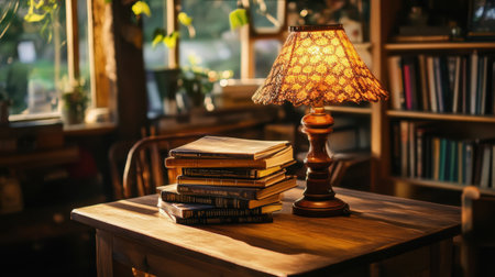 A quiet reading corner featuring books stacked on a wooden table with a warm desk lamp casting soft light.の素材