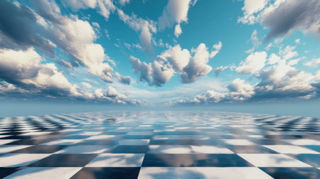 A surreal abstract landscape featuring a checkerboard floor seamlessly transitioning into a tranquil, cloud-filled sky.の素材