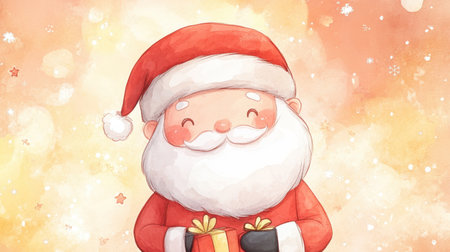 Cute cartoon chibi Santa Claus, rosy cheeks and tiny gifts, in watercolor style on a festive background.の素材