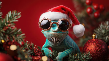 Chameleon rocking a Santa hat and sunglasses, surrounded by Christmas decor, set on a bold red background.の素材