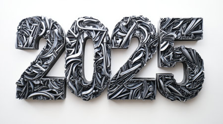 Bold "2025" made from intricate metal pieces, placed against a bright white background, modern and stylish.の素材