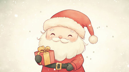 Cute chibi Santa Claus, holding a tiny present, illustrated in charming watercolor style.の素材