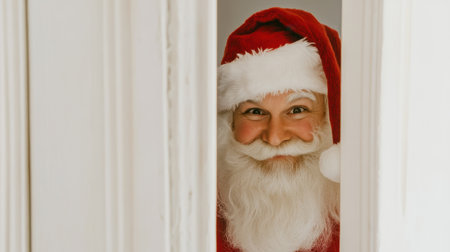 Cheerful Santa hiding behind a white door, peeking out with a twinkle in his eye and a hint of holiday mischief.の素材