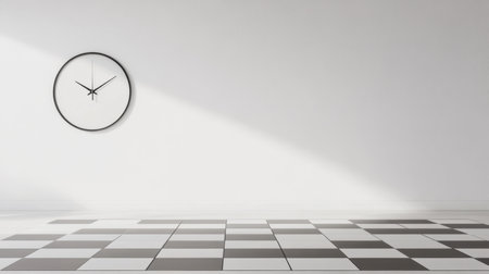 An artistic perspective of a large chess board with a minimalist wall clock in the background, creating a modern vibe.の素材