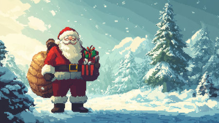 Pixelated Santa Claus in classic red attire, standing with a sack of presents in a colorful 8-bit winter scene.の素材