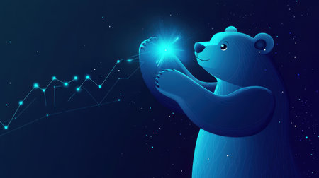 A charming blue bear holds a glowing star against a vibrant night sky. The bear stands amid sparkling constellations, evoking a sense of wonder.の素材