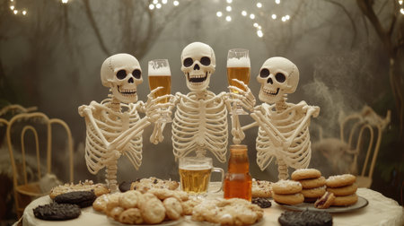 Skeleton trio raising beer glasses, table full of cookies, quirky and spooky celebration scene.の素材