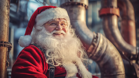 Santa Claus in an industrial setting, standing near pipes and smiling brightly, merging festive and rugged themes.の素材