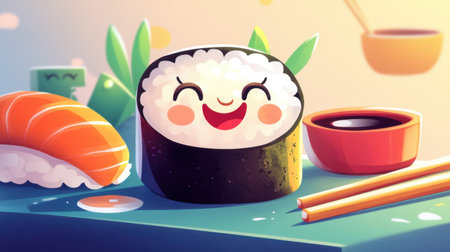 Enjoy this adorable cartoon sushi character smiling in a vibrant setting. Perfect for food lovers and anyone seeking a joyful illustration of cuisine.の素材