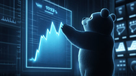 A bear engaging with digital stock market data displayed on a glowing graph, symbolizing financial analysis and growth. Perfect for business themes.の素材