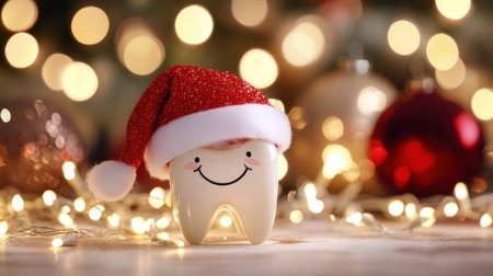 Smiling tooth donning a Santa Claus hat, set against a festive background ideal for holiday dental marketingの素材
