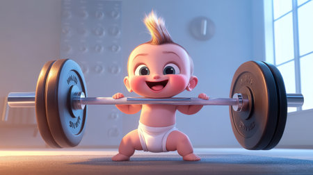 This charming image features a baby joyfully lifting weights in a gym. The scene captures innocence and motivation, embodying fun and strength in a playful manner.の素材