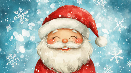 Watercolor-style chibi Santa Claus with a tiny red hat and cheerful smile, surrounded by snowflakes.の素材