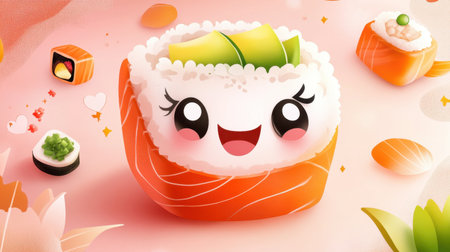 This vibrant and playful illustration features a cute sushi character with a cheerful smile. Perfect for food lovers, this art captures joy and creativity in a colorful design.の素材