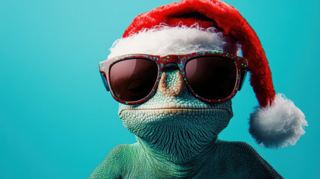 Trendy chameleon with a Santa hat and sunglasses, festive and fun, ready for holiday greetings.の素材
