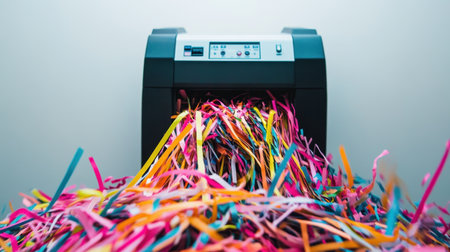 A vibrant array of colorful shredded paper spills from a document shredder, creating a playful and chaotic scene, ideal for an office or creative workspace theme.の素材