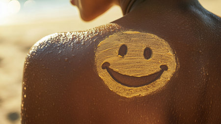 A vibrant golden smiley face painted on a person's back at the beach, capturing the essence of joy and leisure. Ideal for summer-themed imagery.の素材